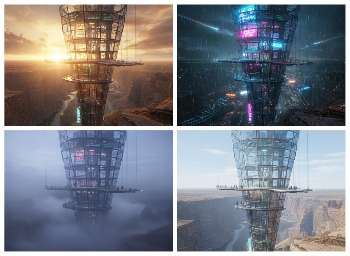 Concept art mood board generated by Nano Banana AI, showing four distinct environmental style variations including cyberpunk and sunrise for visual brainstorming.